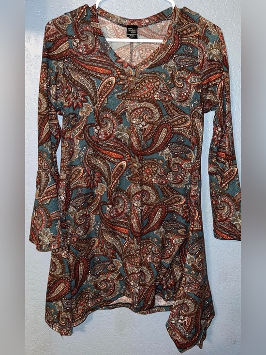WinWin Tops - WinWin Paisley V-Neck Tunic Top - Teal & Rust